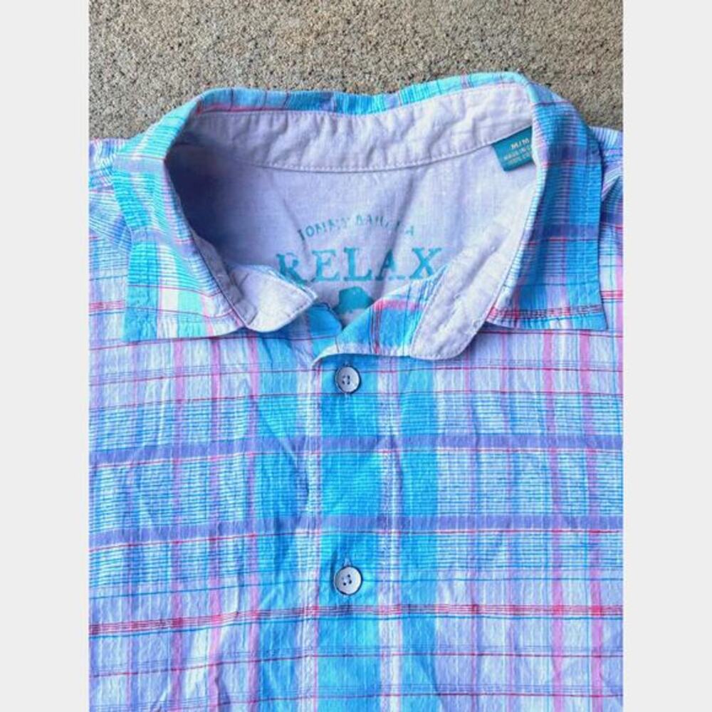 tommy bahama Relax Short Sleeve Button Shirt Men M Coral/Blue/White cotton beach